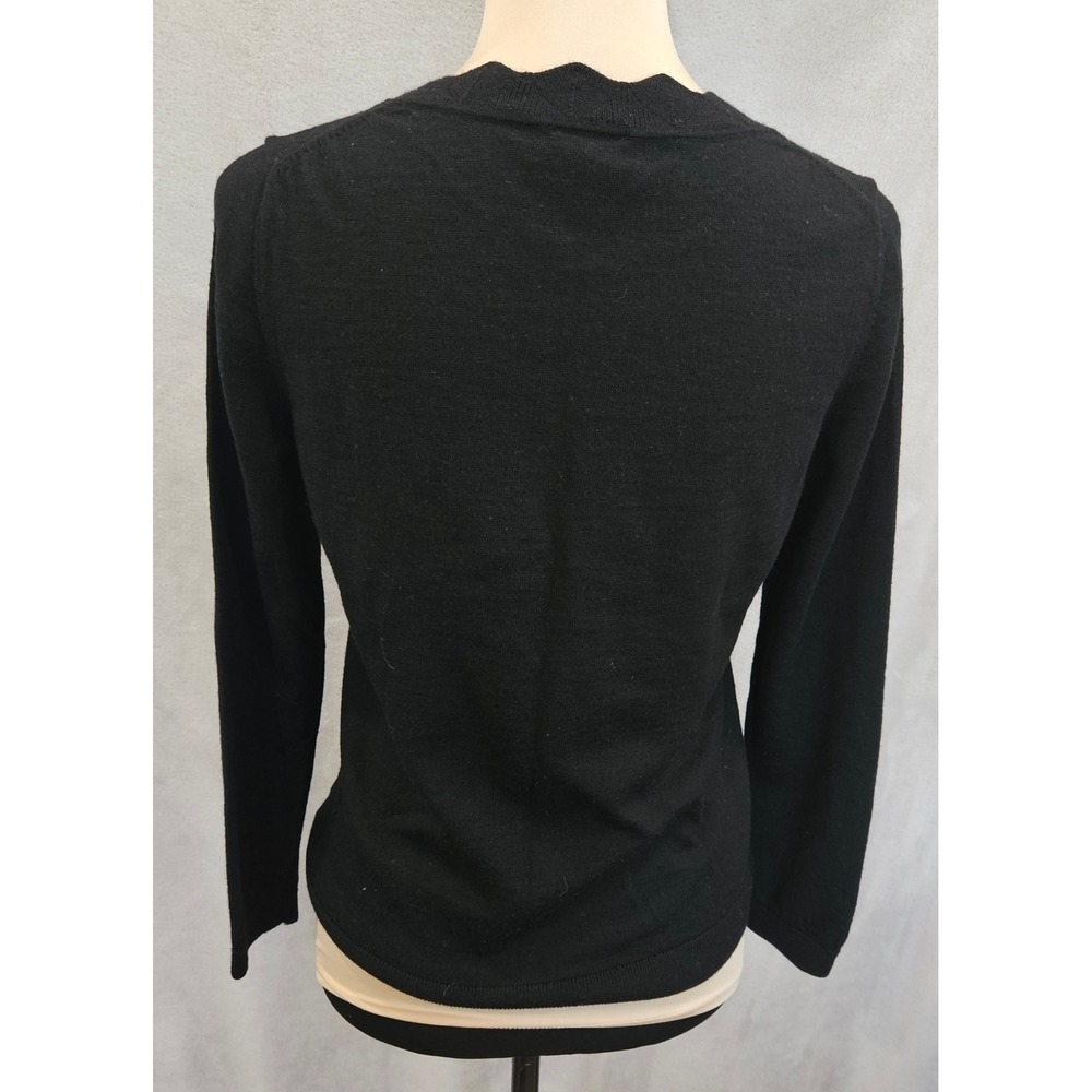 Talbots Pure Merino Wool Sweater Womens MP Black Scalloped Neck Fine Knit Luxe - Picture 2 of 6